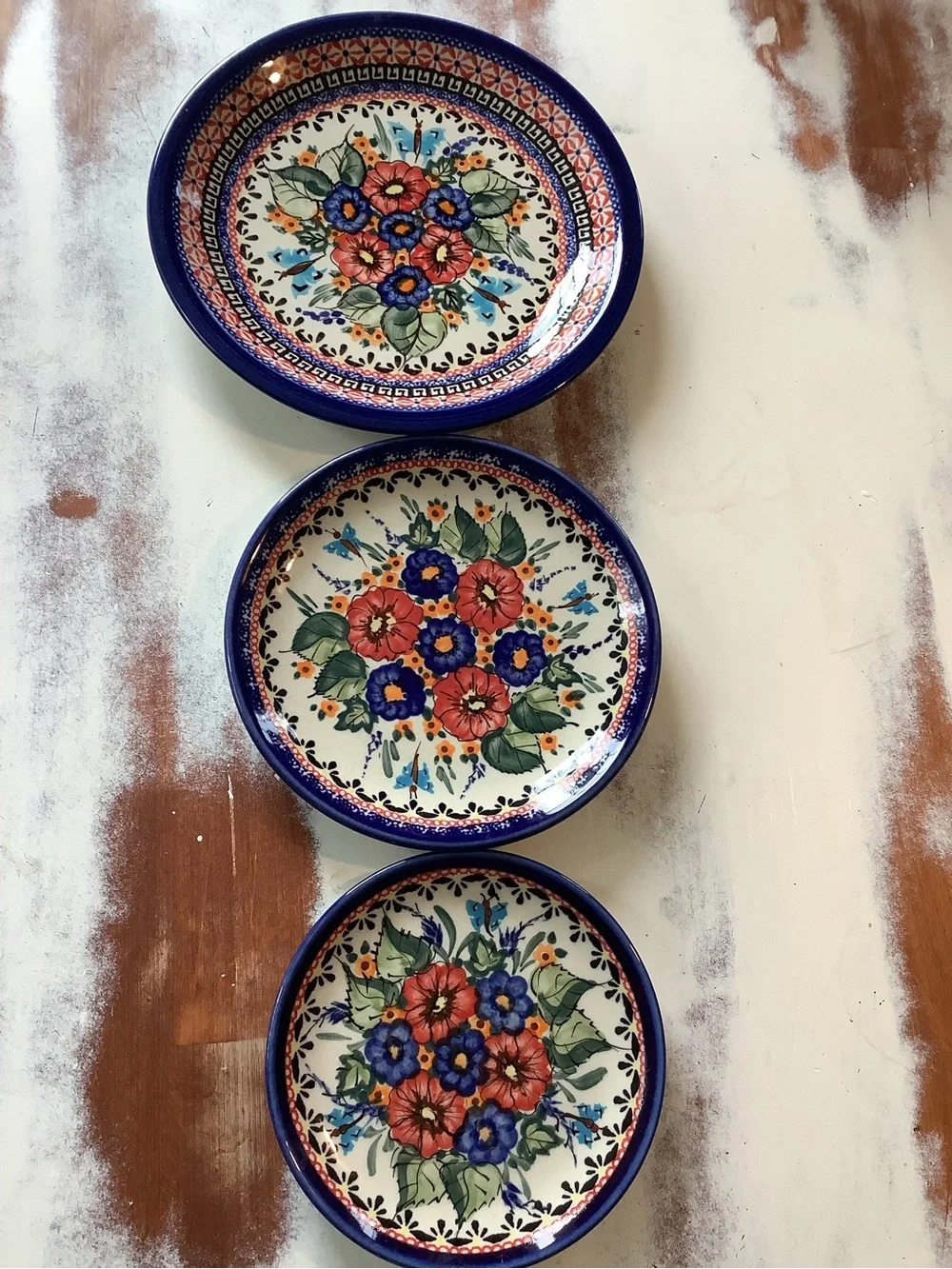 Set Of 3 Three UNIKAT Polish Pottery Plates Floral Butterfly